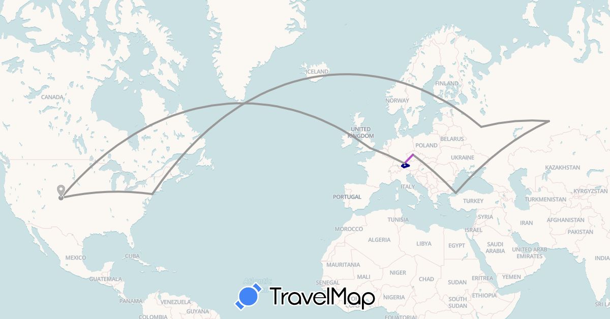 TravelMap itinerary: driving, plane, train in Austria, Czech Republic, Germany, United Kingdom, Russia, Turkey, United States (Asia, Europe, North America)